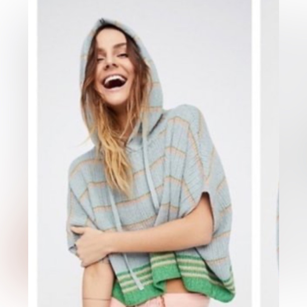 Free People Blue Green Shimmer Sheen Metallic Striped Hoodie Sweater M/L